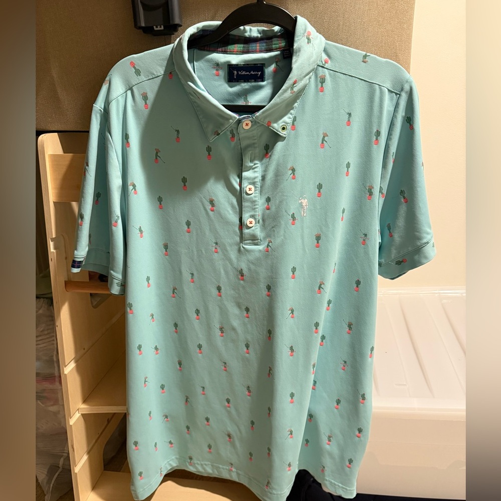 William Murray Golf Light Blue Polo with Pink and Green Pattern